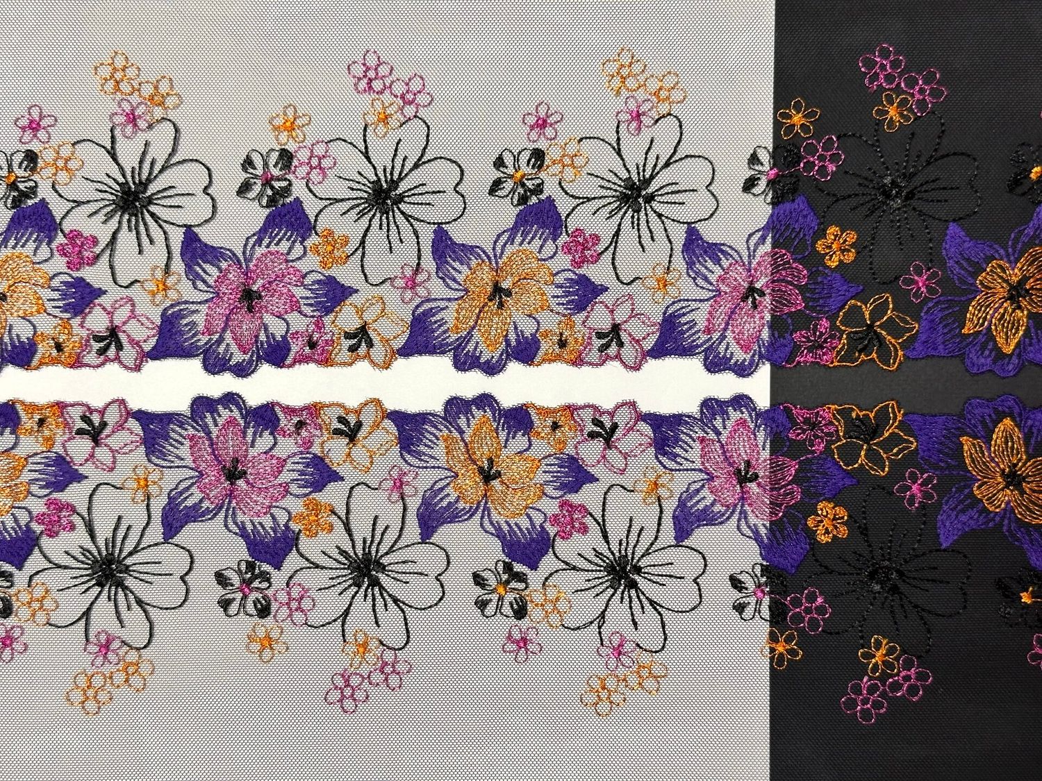 Embroidered mesh lace FD-7509 black/violet/orange/pink