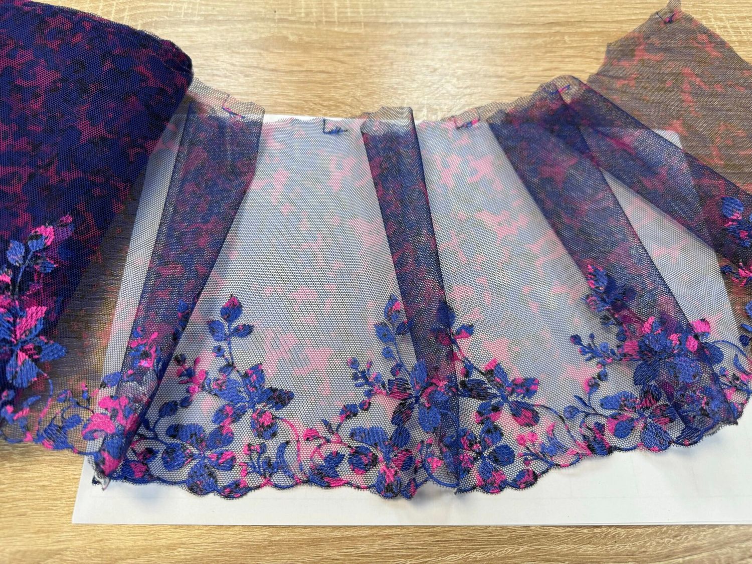 Embroidered mesh lace FD-7547 cornflower/pink neon/black