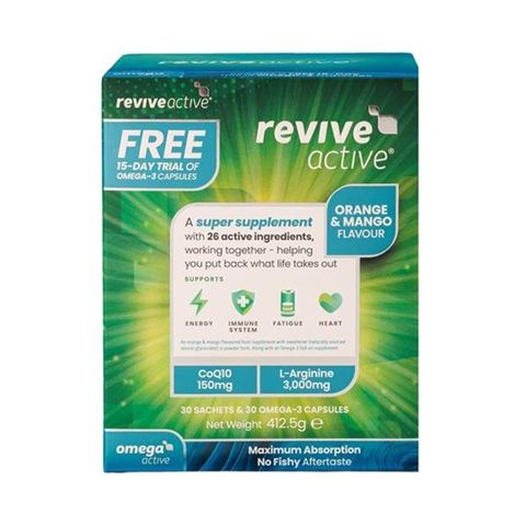 Revive Active - Orange & Mango Flavour - 30 Pack + 15 Day Trial of Omega 3 Capsules Revive Active - Orange & Mango Flavour - 30 Pack + 15 Day Trial of Omega 3 Capsules