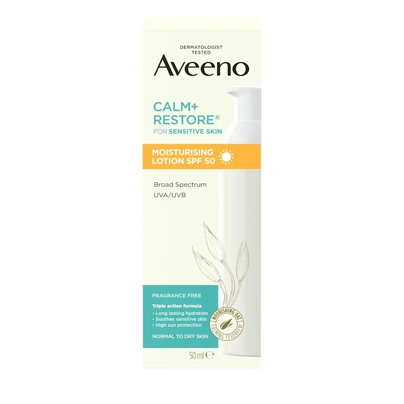 Aveeno Face Calm+Restore: Moisturising Lotion SPF 50 50ml Aveeno Face Calm+Restore: Moisturising Lotion SPF 50 50ml