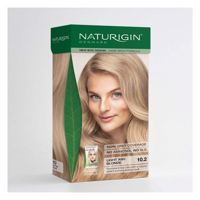 Light Ash Blonde 10.2 Permanent Hair Colour Naturigin Light Ash Blonde 10.2 permanent hair colour box with blonde model