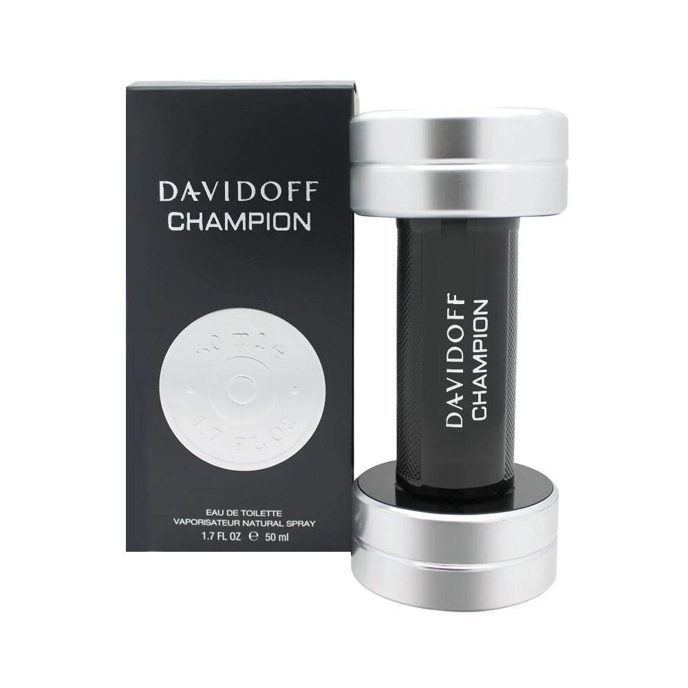 Davidoff Champion Eau de Toilette 90ml, dumbbell-shaped bottle beside black box