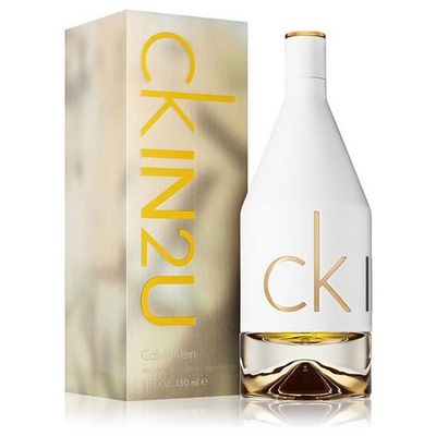 Calvin Klein CK IN2U for Her Eau de Toilette 150ml, white bottle with gold logo beside beige box