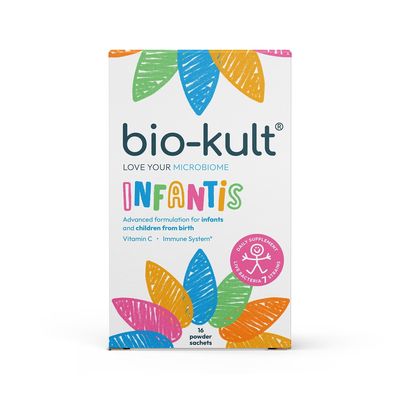 Bio-Kult Infantis Supplement 16 Powder Sachets Bio-Kult Infantis supplement for babies and children, 16 powder sachets box with colourful leaf design