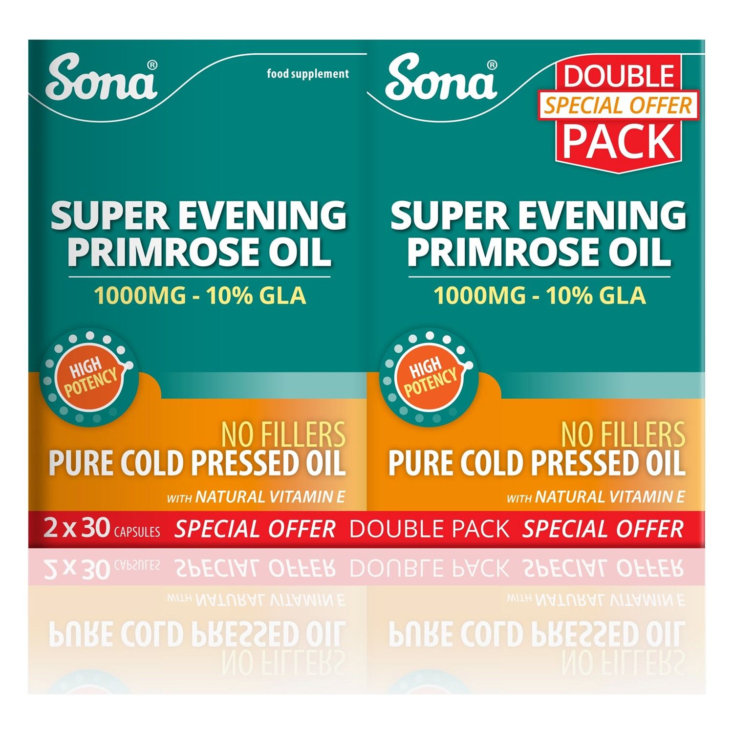 Sona Evening Primrose Oil - 1000mg Capsules Double Pack 60 Capsules Sona Super Evening Primrose Oil 1000mg double pack, 2 x 30 capsules