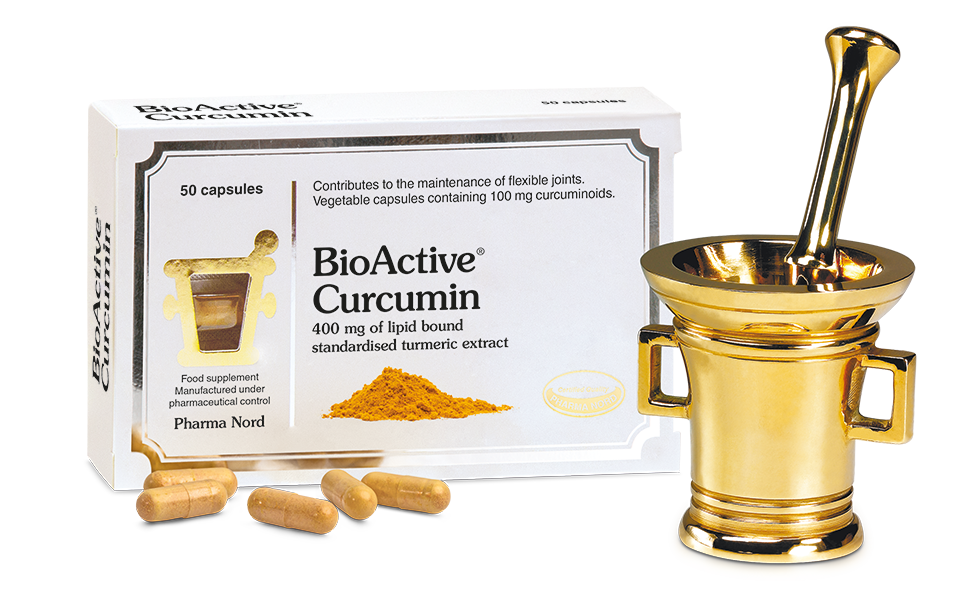 BioActive Curcumin 50 Capsules Pharma Nord BioActive Curcumin capsules box beside brass pestle and mortar