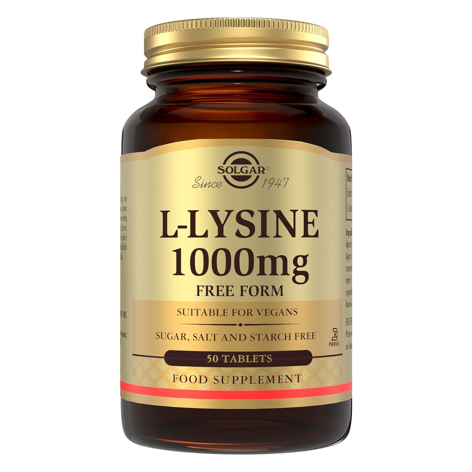 Solgar L-Lysine 1000 mg 50 Capsules Solgar L-Lysine 1000mg 50 tablets amber glass jar