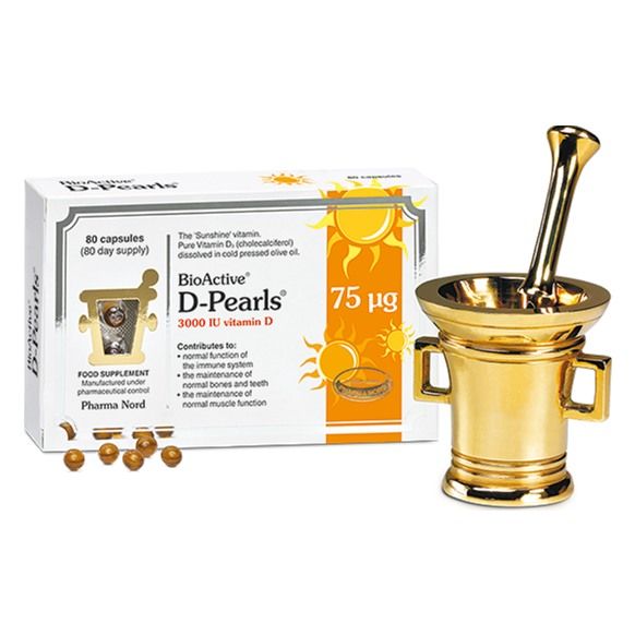 BioActive D-Pearls 75µg 80 Capsules Pharma Nord BioActive D-Pearls 75ug vitamin D3, 80 capsules box beside brass pestle and mortar