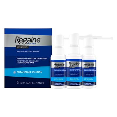Regaine for men Extra Strength 3 months supply Regaine for Men Extra Strength 5% scalp solution, 3 month supply 3 x 60ml, box and bottles