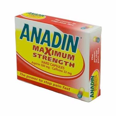 Anadin Maximum Strength aspirin and caffeine 12 tablets, red and yellow box