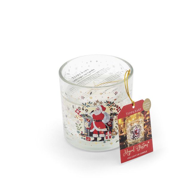 Christmas Santa LED light-up candle in decorated glass with gift tag