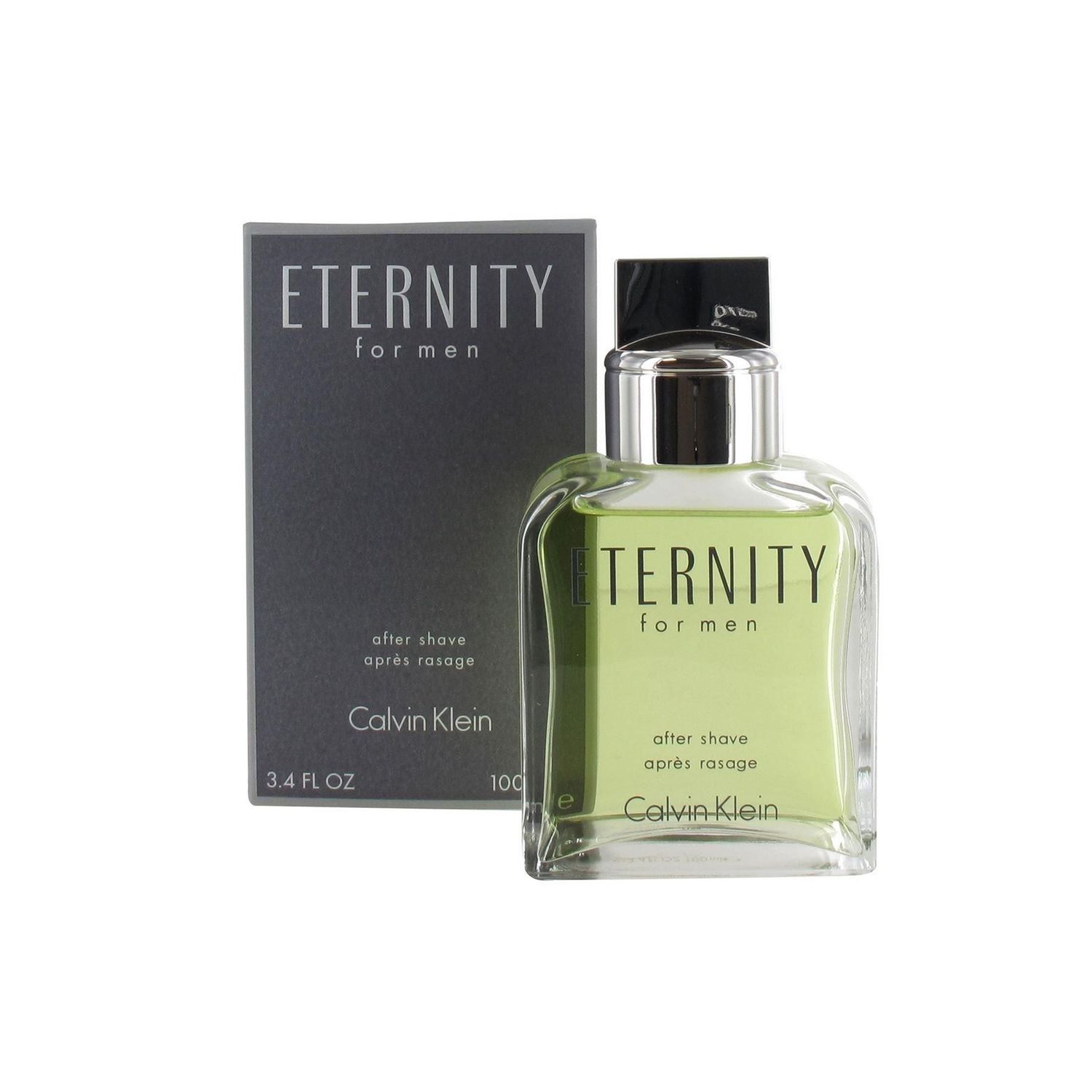 Calvin Klein Eternity for men aftershave 100ml, green bottle beside grey box