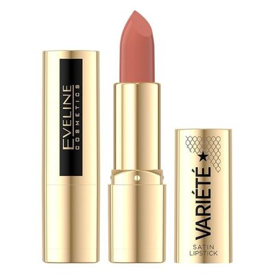 Eveline Variete Satin lipstick 03, peach nude shade, gold case
