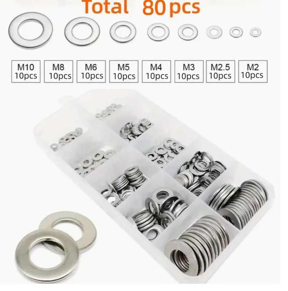 Washer Kit - 80pcs Stainless Steel Flat Washers Assortment Kit (M2 M2.5 M3 M4 M5 M6 M8 M10)