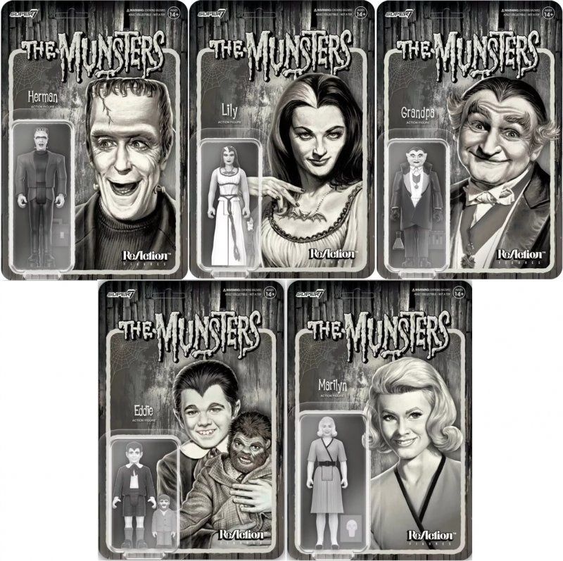 Super7 ReAction The Munsters Set of 5 (Grayscale) 3.75-inch Action Figures