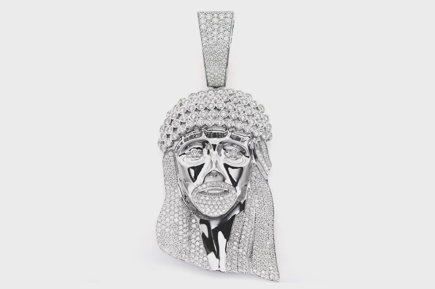 JESUS BEZEL CROWN DIAMOND PENDANT 14K SOLID GOLD 10.50 CTW, Color: White Gold, Diamonds: VS