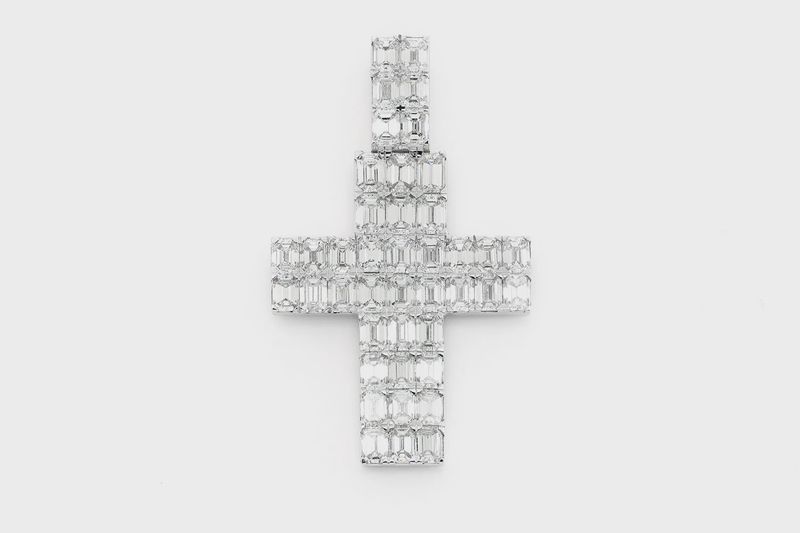 EMERALD CROSS DIAMOND PENDANT 14K SOLID GOLD 6.00CTW