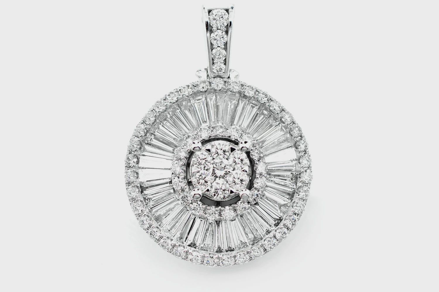 ROUND AND BAGUETTE CLUSTER HALO PENDANT 14K  SOLID GOLD  2.95CTW, Color: White Gold, Diamonds: VS
