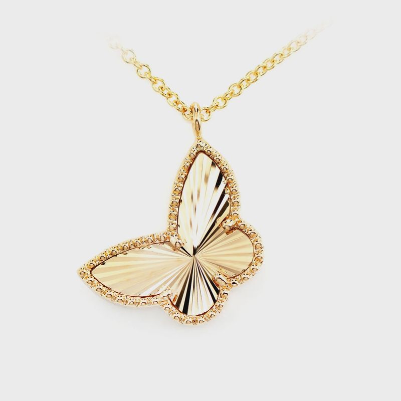 SUNBURST BUTTERFLY PENDANT ATTACHED NECKLACE 14K SOLID GOLD