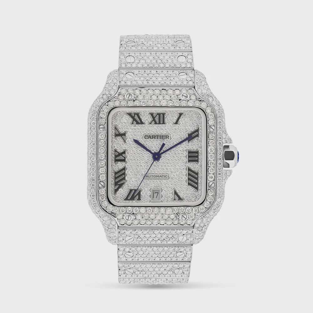 FULL DIAMOND SANTOS DE CARTIER WATCH WITH SILVER DIAL