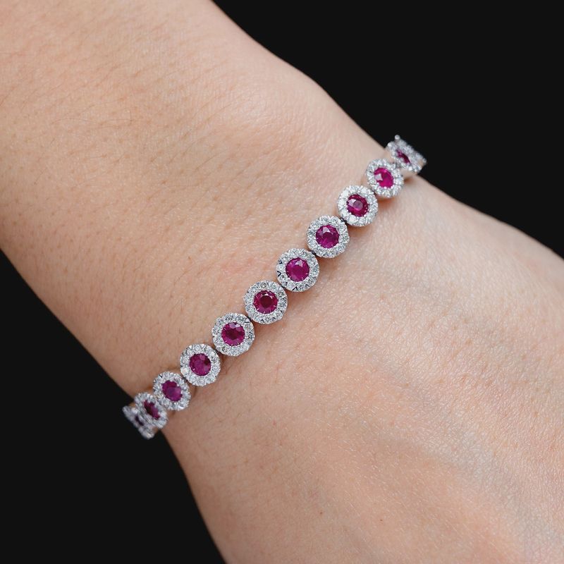 RUBY AND DIAMOND HALO TENNIS BRACELET 14K SOLID GOLD 9.00CTW