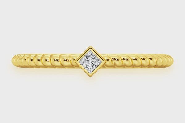 PRINCESS BEZEL ROPE DIAMOND RING 14K SOLID GOLD  0.05CTW, Color: Yellow Gold, Ring Size: 4