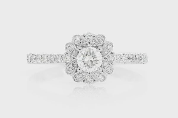 0.75CTW - ROUND FLORAL HALO - DIAMOND ENGAGEMENT RING - ALL NATURAL, Ring Size: 4