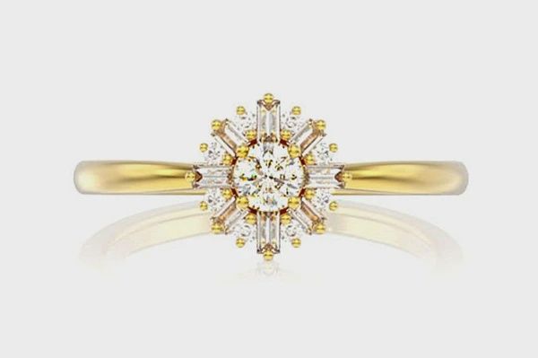 ROUND FLORAL BAGUETTE DIAMOND RING 14K SOLID GOLD 0.35CTW, Color: Yellow Gold, Ring Size: 4