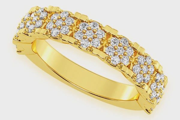 CLUSTER DIAMOND BAND 14K SOLID GOLD 0.55CTW, Color: Yellow Gold, Ring Size: 4