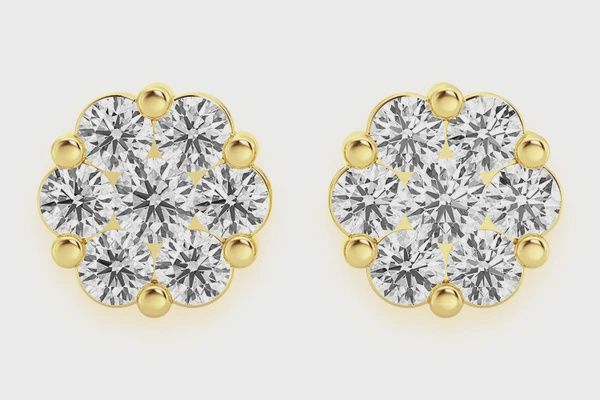 1.00CTW FLOWER STUD DIAMOND EARRINGS 14K SOLID GOLD, Color: Yellow Gold