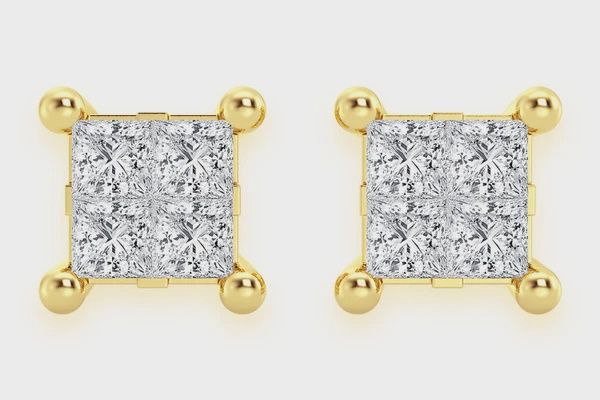 1.00CTW QUAD STUD DIAMOND EARRINGS 14K SOLID GOLD, Color: Yellow Gold