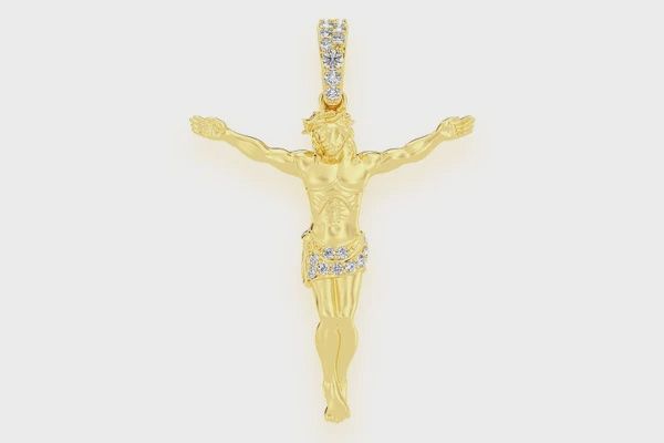 CRUCIFIX HALF DIAMOND PENDANT 14K SOLID GOLD 0.10 CTW, Color: Yellow Gold, Diamond Quality: VS