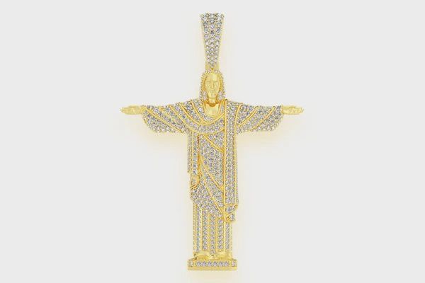 BRAZIL JESUS CHRIST THE REDEEMER DIAMOND PENDANT 14K SOLID GOLD 4.25CTW, Color: Yellow Gold, Diamonds: VS