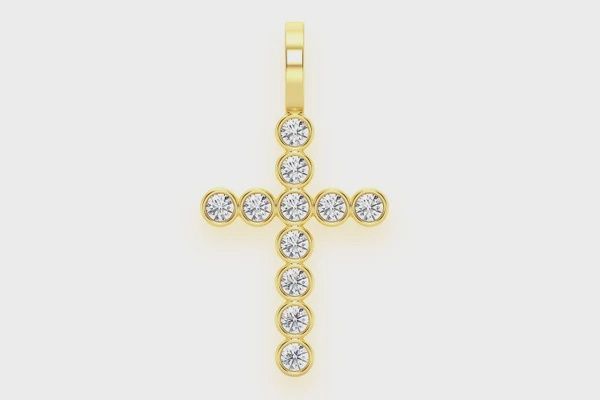 BEZEL SET CROSS DIAMOND PENDANT 14K SOLID GOLD 0.35CTW, Color: Yellow Gold, Diamond: VS