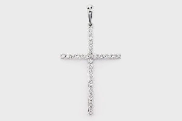 MINIMALIST LONG DIAMOND CROSS PENDANT 14K SOLID GOLD 0.25CTW, Color: White Gold, Diamond: VS