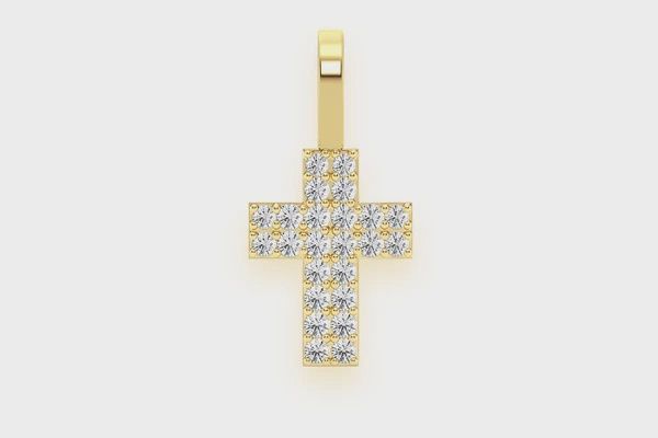 TWO ROW CROSS DIAMOND PENDANT 14K SOLID GOLD 0.25CTW, Color: Yellow Gold, Diamond: VS