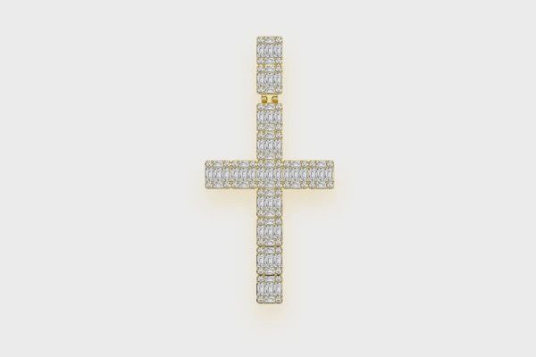BAGUETTE CROSS DIAMOND PENDANT 14K SOLID GOLD 1.00CTW, Color: Yellow Gold, Diamond: VS