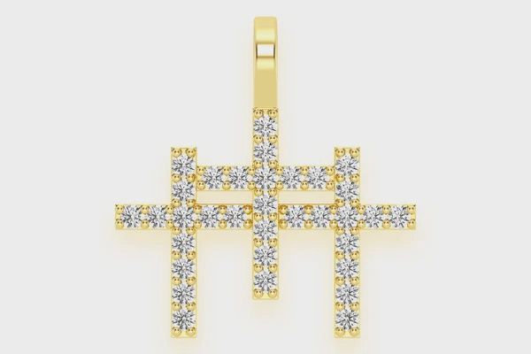 TRIPLE  CROSS DIAMOND PENDANT 14K SOLID GOLD 0.45CTW, Color: Yellow Gold, Diamond: VS