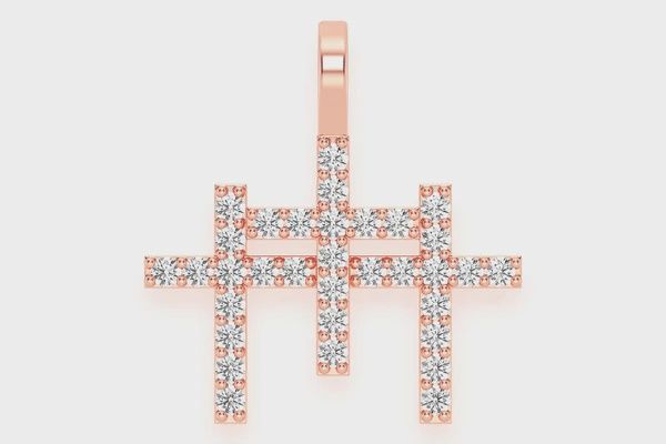 TRIPLE  CROSS DIAMOND PENDANT 14K SOLID GOLD 0.45CTW