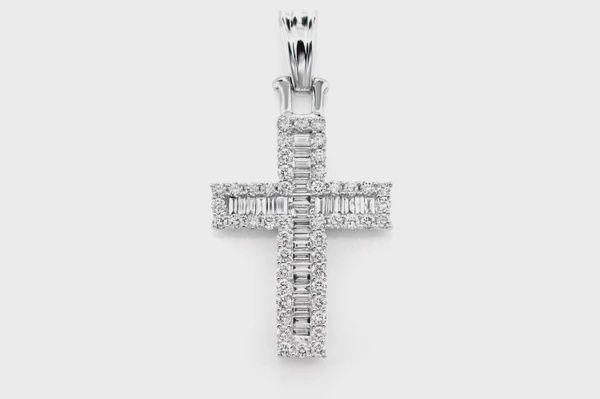 BAGUETTE HALO DIAMOND CROSS PENDANT 14K SOLID GOLD 0.95CTW, Color: White Gold, Diamond: VS