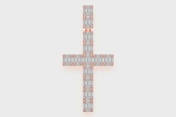 BAGUETTE CROSS DIAMOND PENDANT 14K SOLID GOLD 5.00CTW, Color: Rose Gold, Diamond: VS