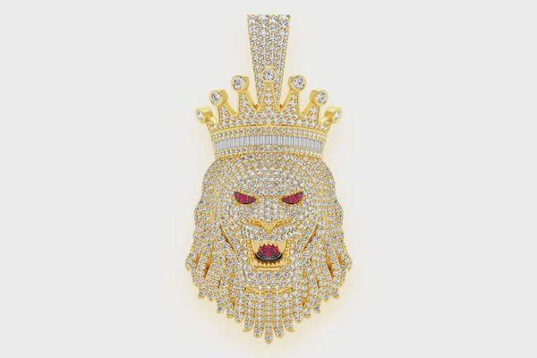 KING CROWN LION DIAMOND PENDANT 14K SOLID GOLD 6.75CTW, Color: Yellow Gold, Diamond: VS