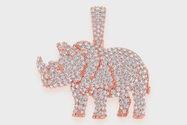 RHINOCEROS STANDING DIAMOND PENDANT 14K SOLID GOLD 1.75CTW