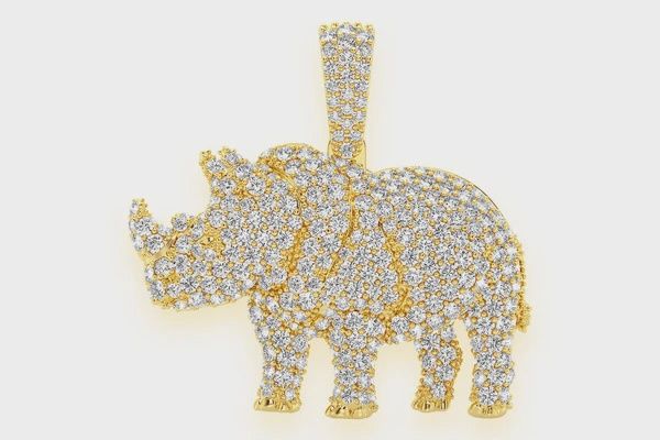 RHINOCEROS STANDING DIAMOND PENDANT 14K SOLID GOLD 1.75CTW, Color: Yellow Gold, Diamond: VS