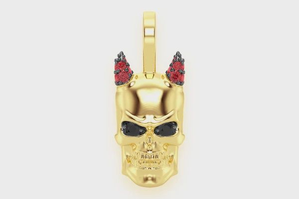 HORNED SKULL DIAMOND PENDANT 14K SOLID GOLD 0.15CTW