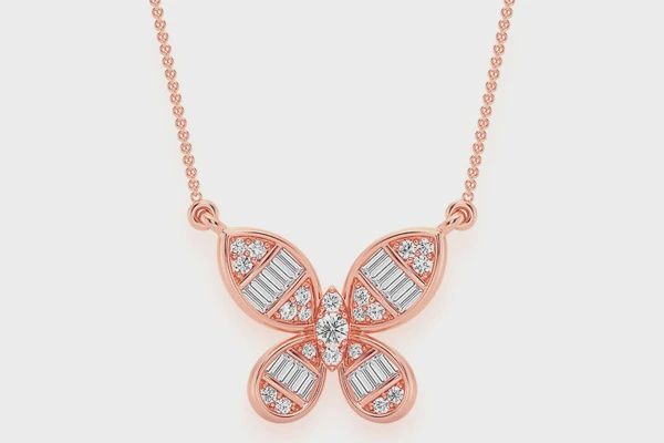 BUTTERFLY BAGUETTE DIAMOND NECKLACE CONNECTED 14K SOLID GOLD 0.33CTW
