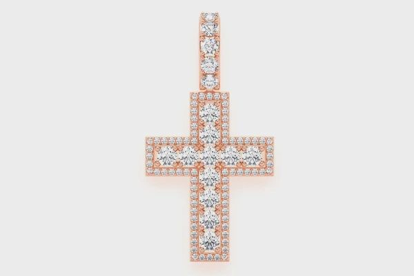 SOLITAIRE BORDER CROSS DIAMOND PENDANT 14K SOLID GOLD 1.40CTW, Color: Rose Gold, Diamond: VS