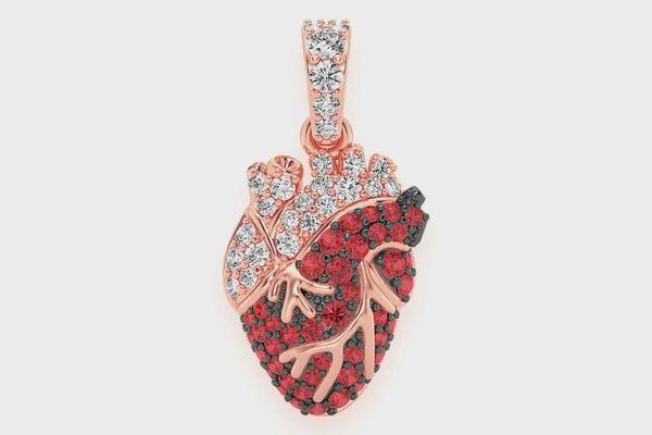 HUMAN HEART RUBY AND DIAMOND PENDANT 14K SOLID GOLD 0.60 CTW