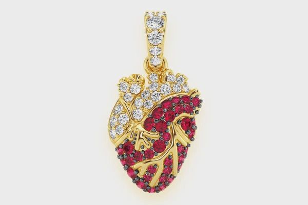 Human heart ruby and diamond pendant 14K solid gold 0.40CTW