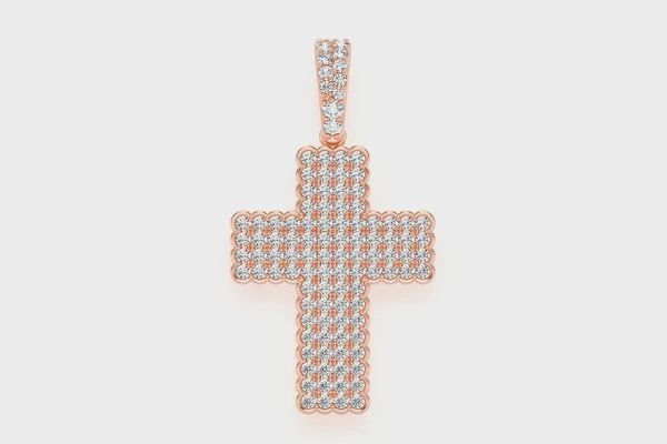 BEZEL BORDER CROSS DIAMOND PENDANT 14K SOLID GOLD 0.90CTW, Color: Rose Gold, Diamond: VS